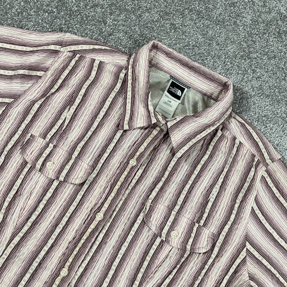 North Face Button Up Shirt Womens Large Seersucker Mesh Hiking Fishing Stripe - Picture 1 of 12